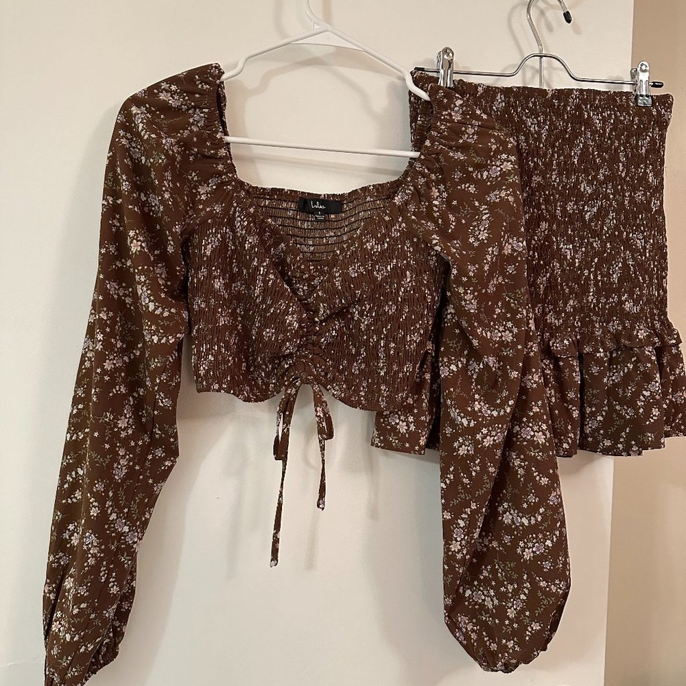 lulu's matching set long sleeve smocked top and skirt